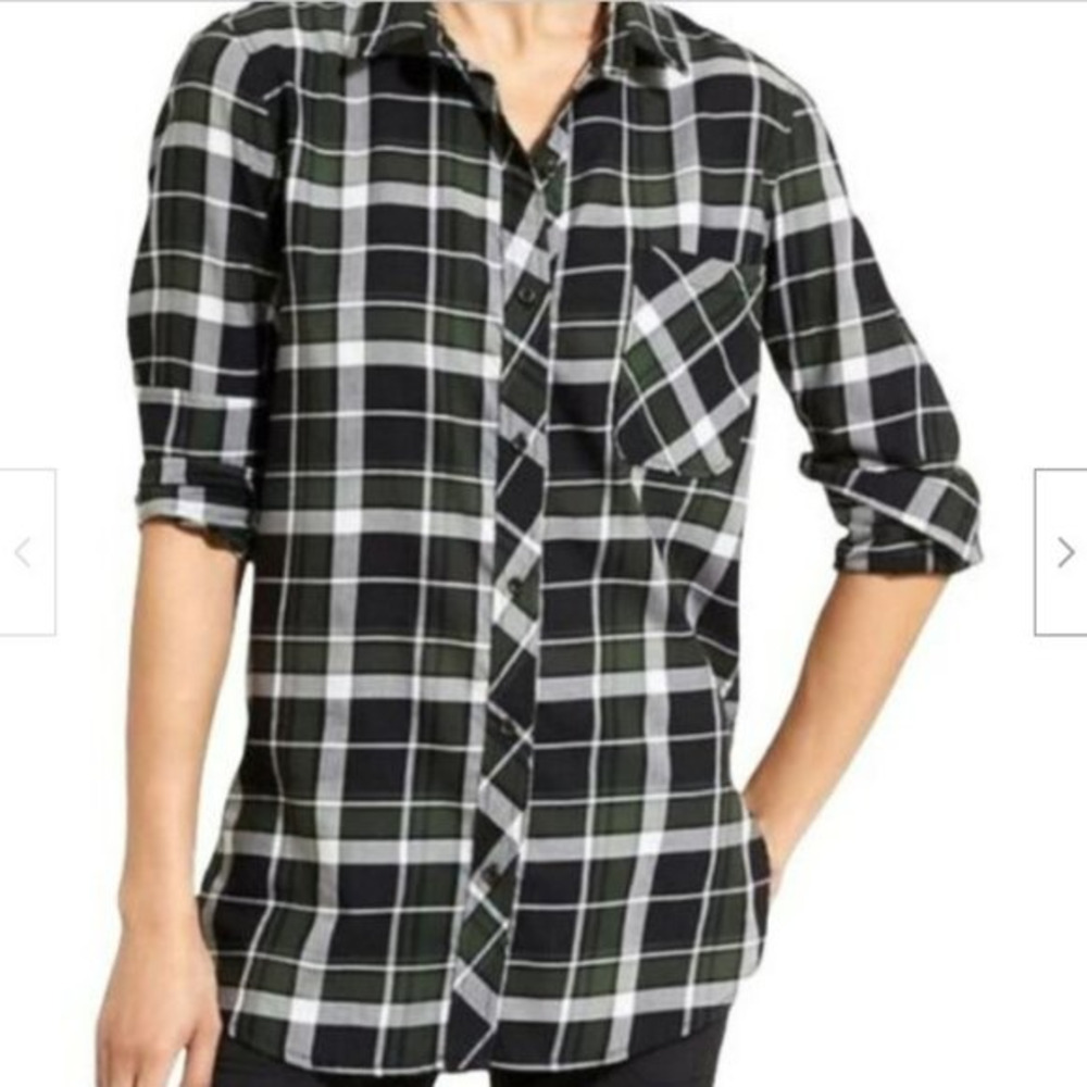 Athleta‎ Plaid Button-Down Shirt Green White Pocket Collared Long Sleeve Size XS